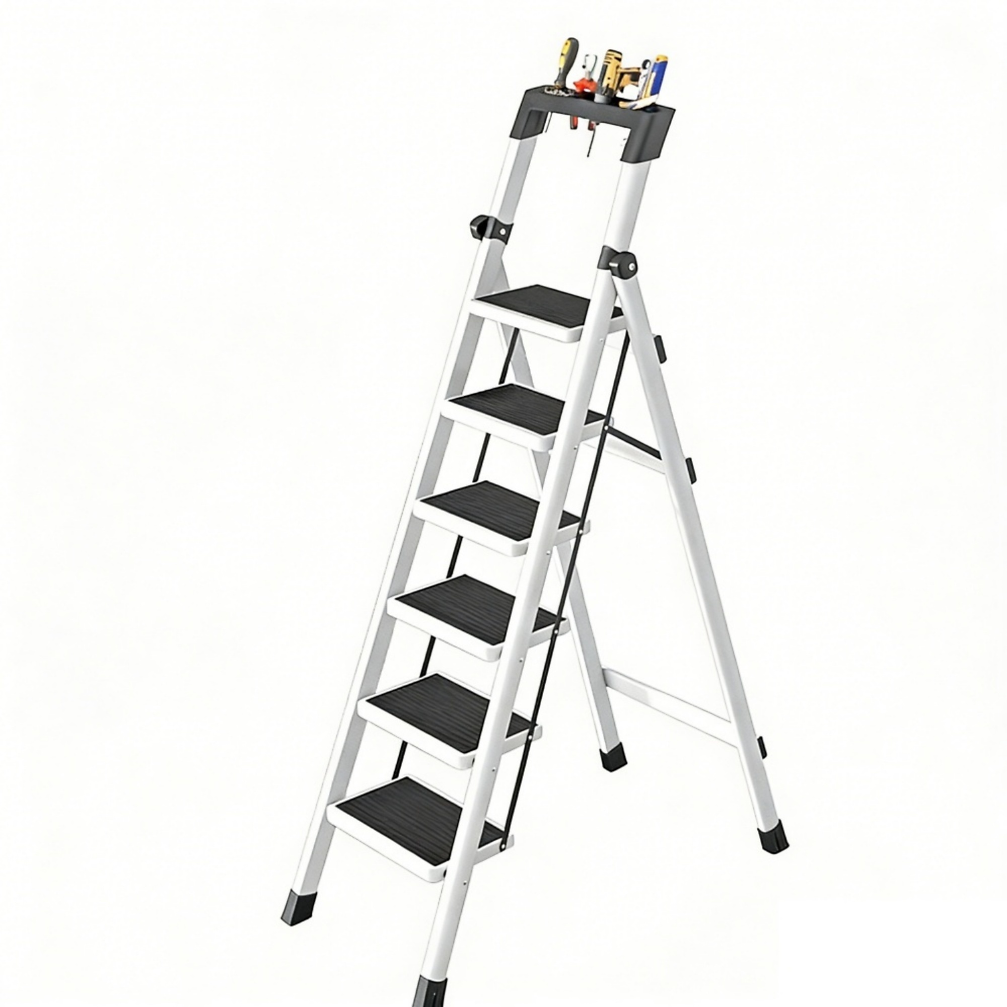BlackTeck 6-Step Ladder — White, Thickened Aluminum, Anti-Slip Wide Pedals, Non-Slip Feet, Built-In Tool Platform, Model# N2-6BT2